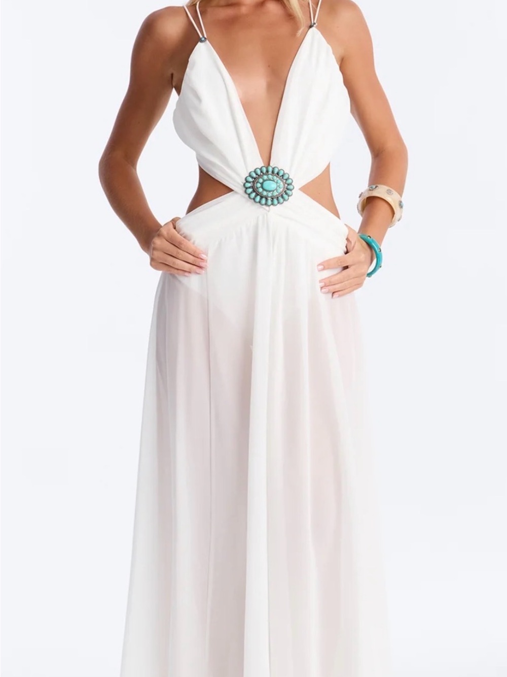 Fashion Nova White Strapless Cutout Maxi Dress with Turquoise Accent